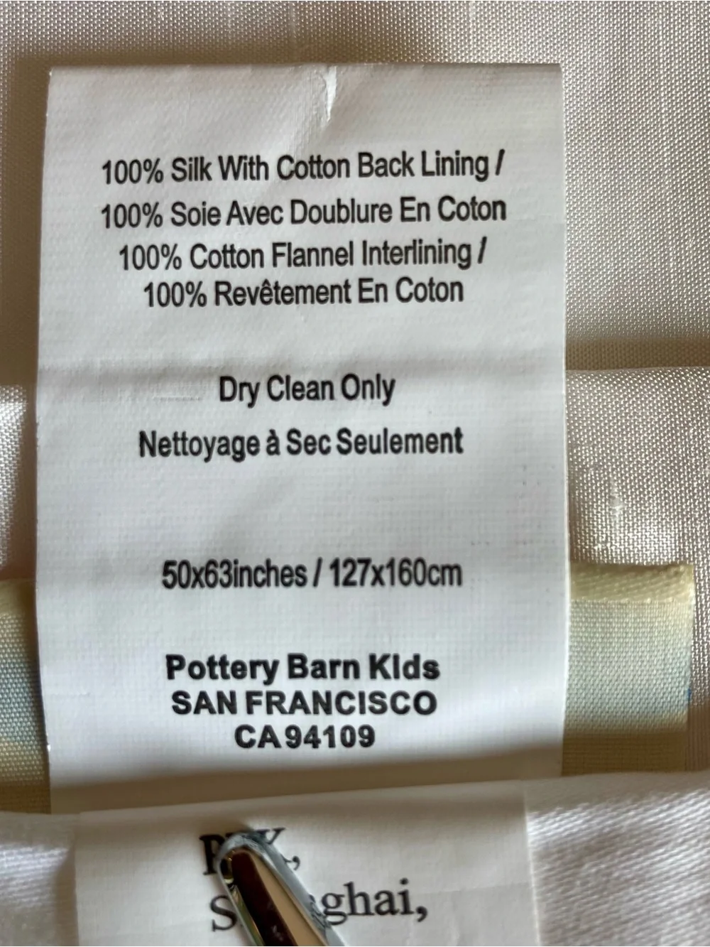 NWOT Pottery Barn Kids 50” x 63” curtain panel featuring a 100% silk panel